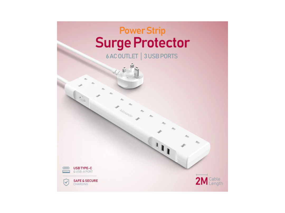 Moxedo 3250W Power Strip Surge Protector 9 Way 1 USB-C PD Ports + 2 USB-A Ports + 6 AC Outlets with 2M Cable Length Moxedo 3250W Power Strip Surge Protector 9 Way 1 USB-C PD Ports + 2 USB-A Ports + 6 AC Outlets with 2M Cable Length